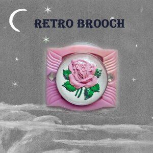 Pink Rose Brooch With Vintage Goofus Glass Retro Romantic